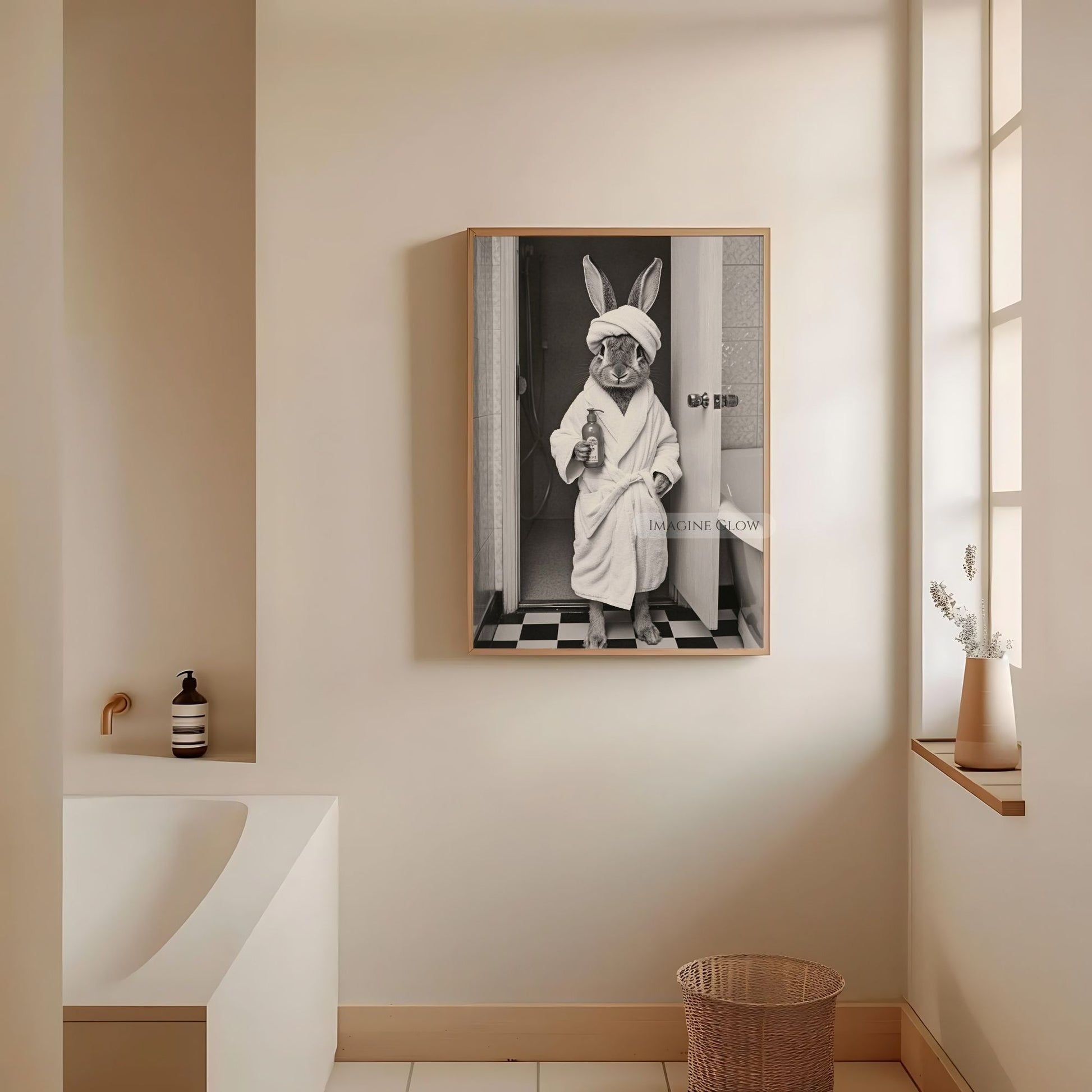 Black and white bunny in bathrobe bathroom print
