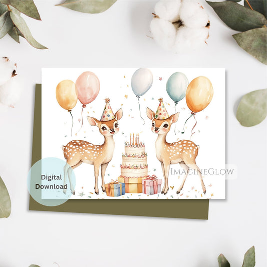 Illustration of two deer with balloons and a cake on a digital download card 