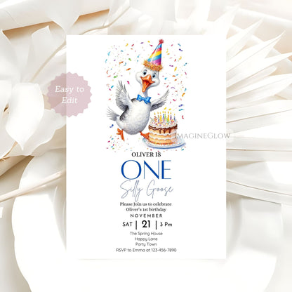 Cute first birthday invitation with a goose theme
