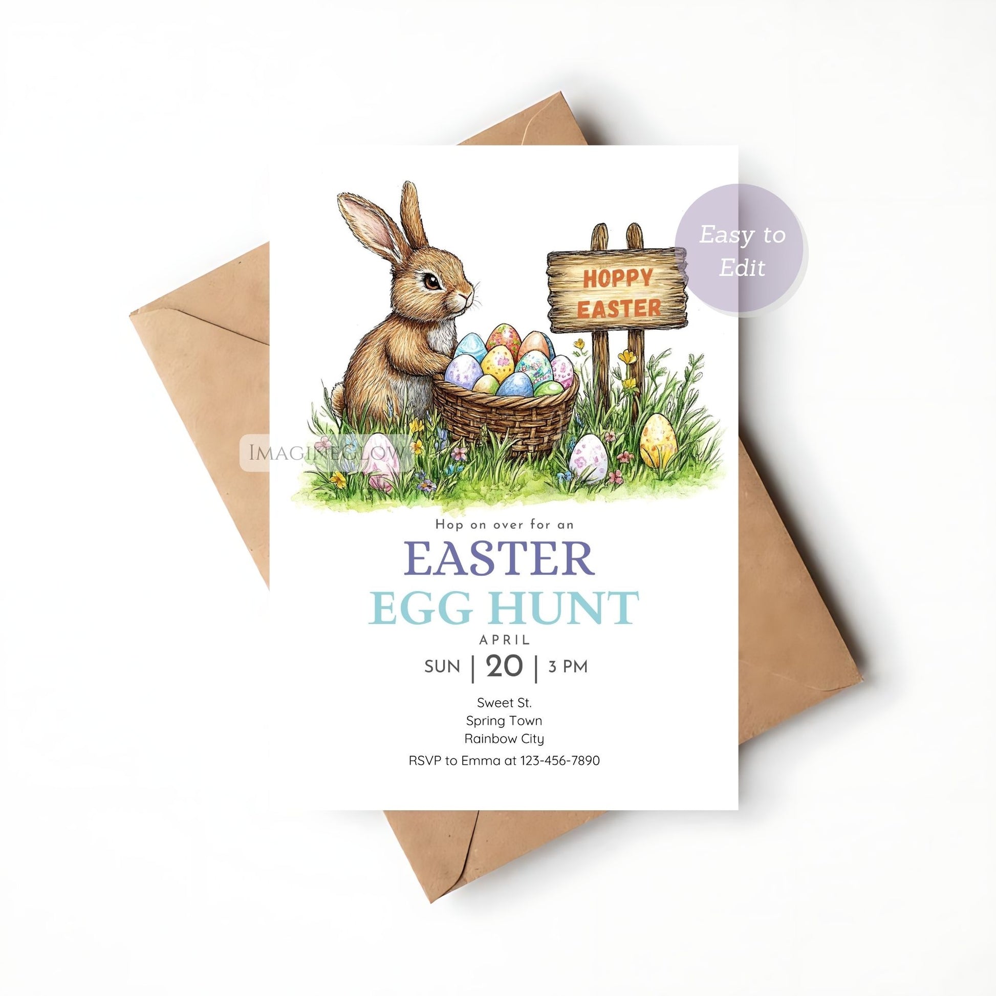 Personalized Easter Invitation with Bunny and Egg Basket
