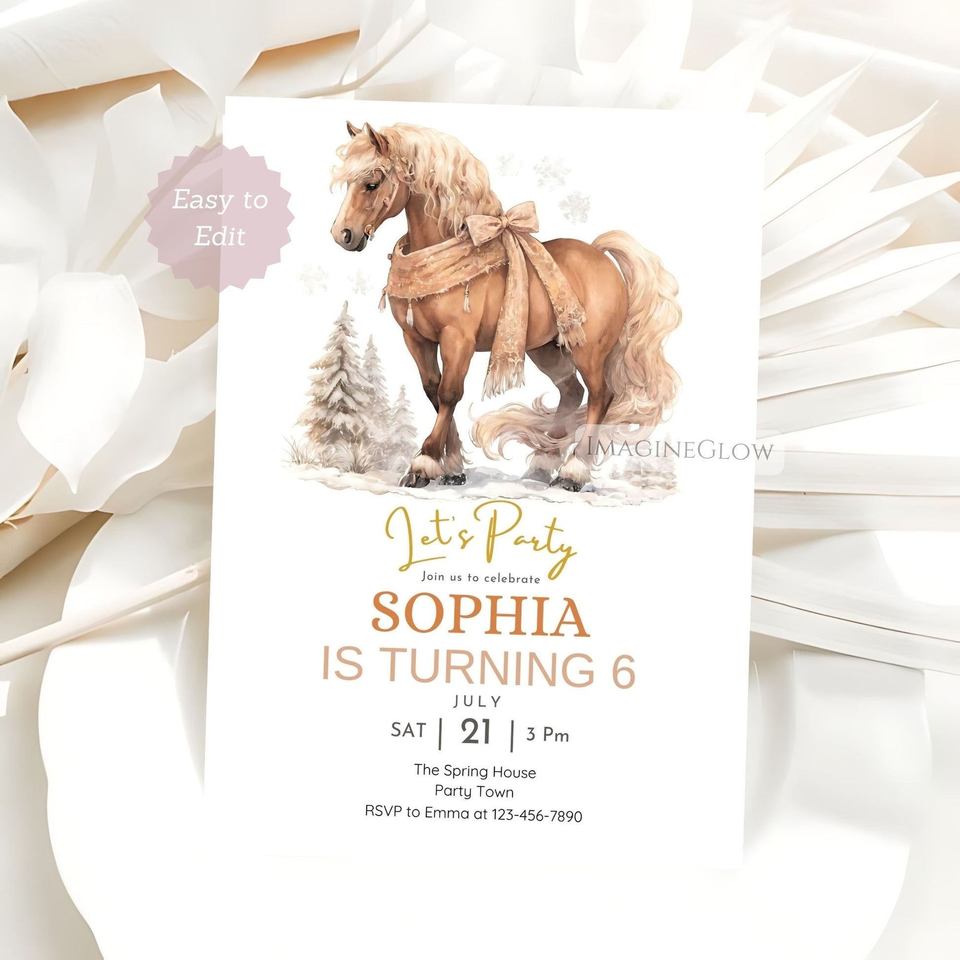 Party invitation with a horse and decorative elements on a white background
