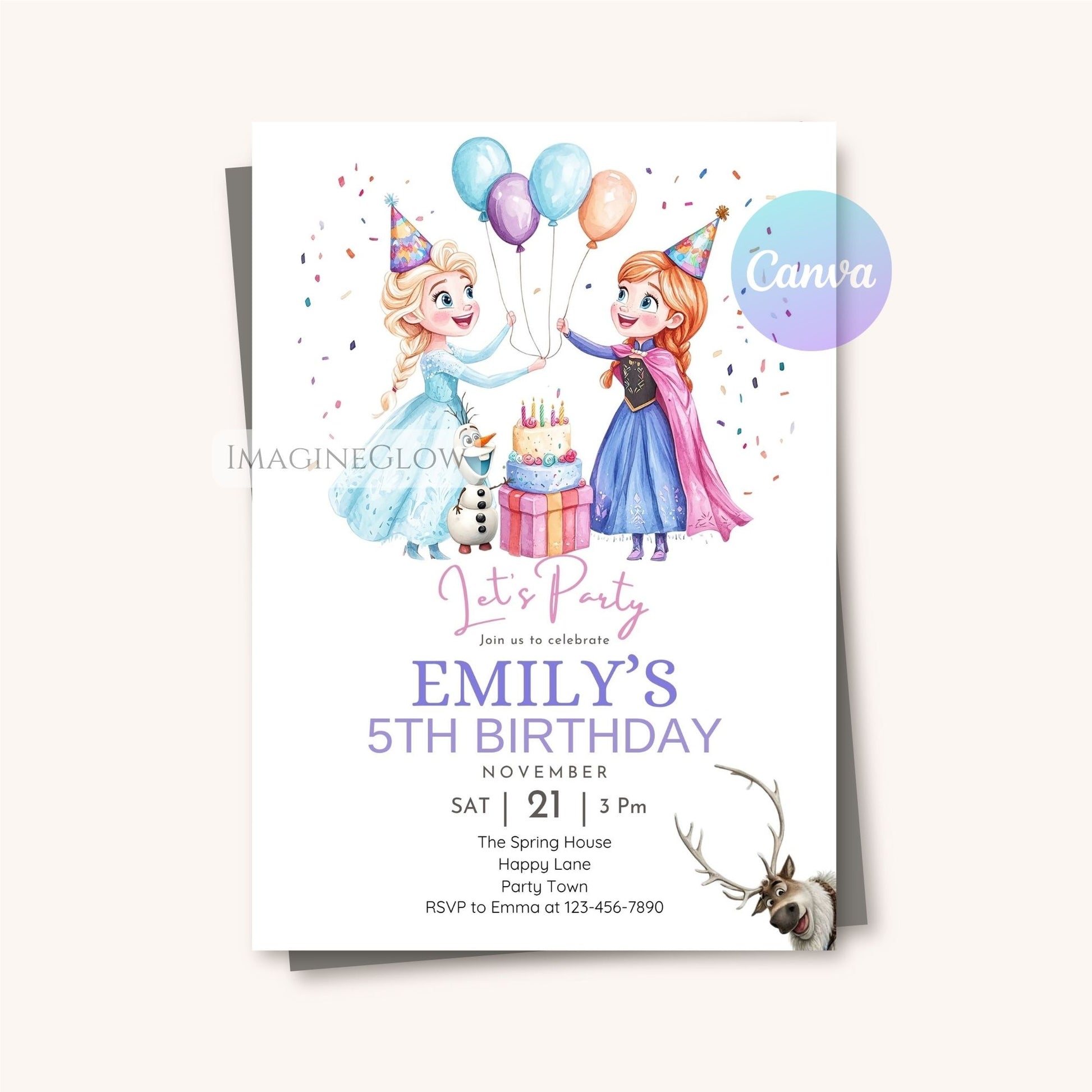 Birthday invitation card with animated characters and party elements on a white background