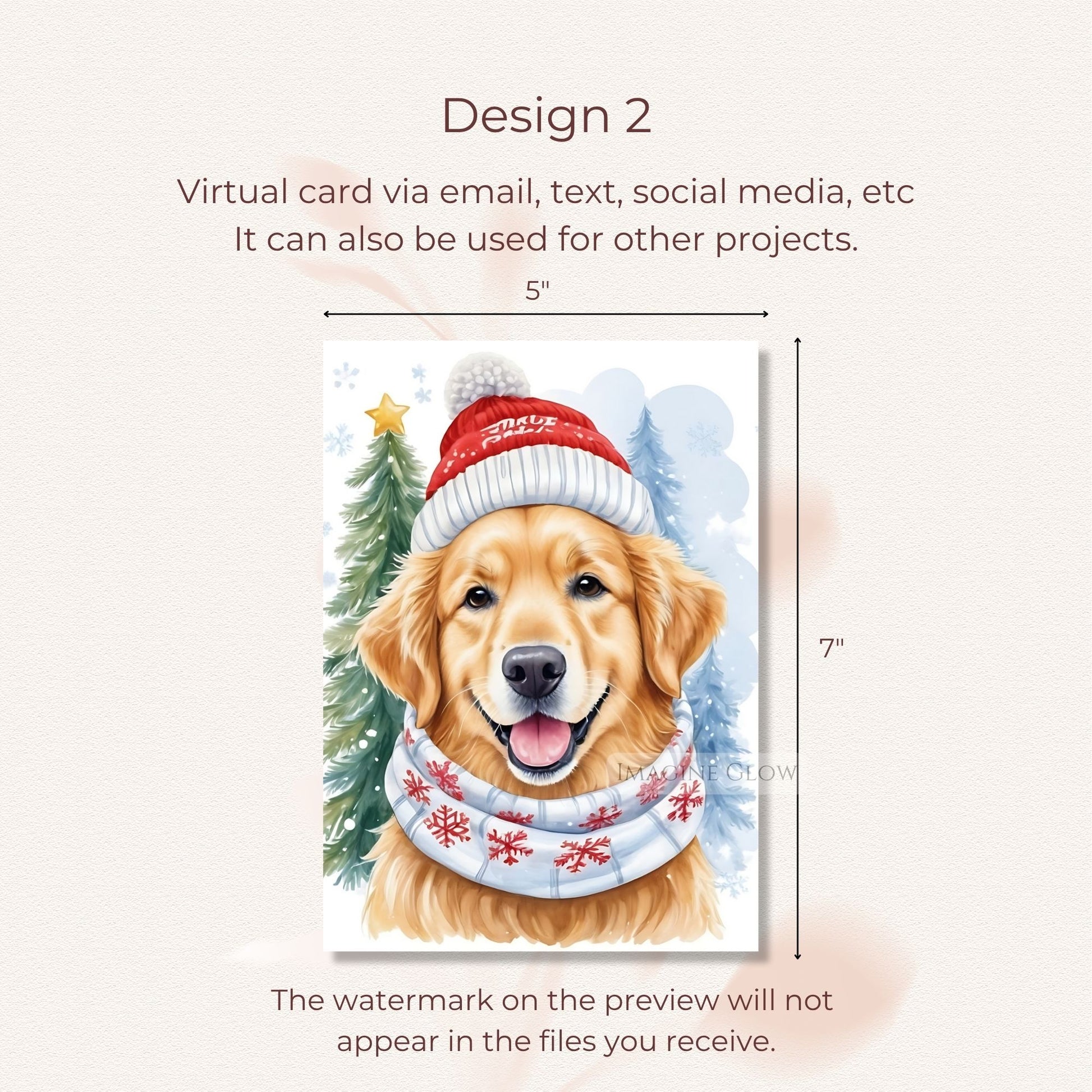Illustration of a dog wearing a Christmas hat and scarf with dimensions and text about using it for virtual cards.