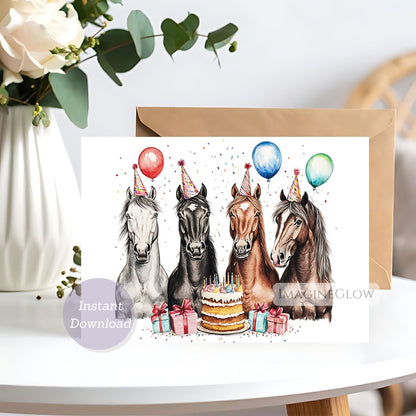 Birthday card with four horses wearing party hats and a cake