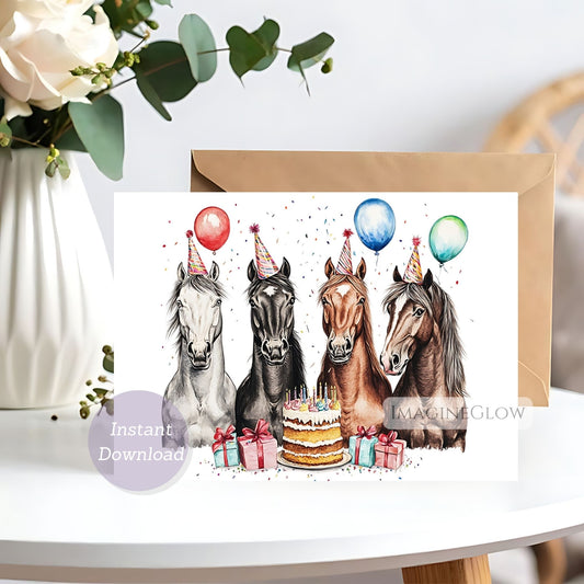 Birthday card with four horses wearing party hats and a cake