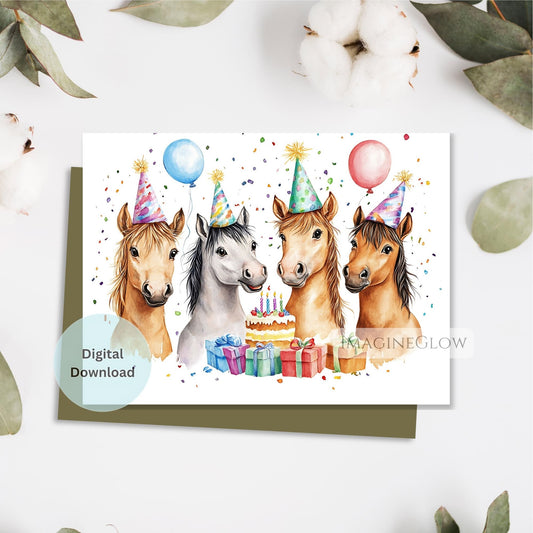 Birthday card with four horses wearing party hats on a white background 