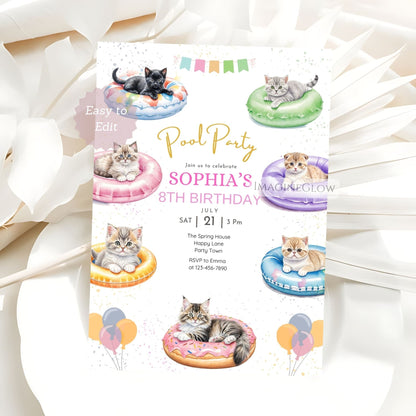 Kitten Pool Party Birthday Invitation - Summer Tropical Beach Party