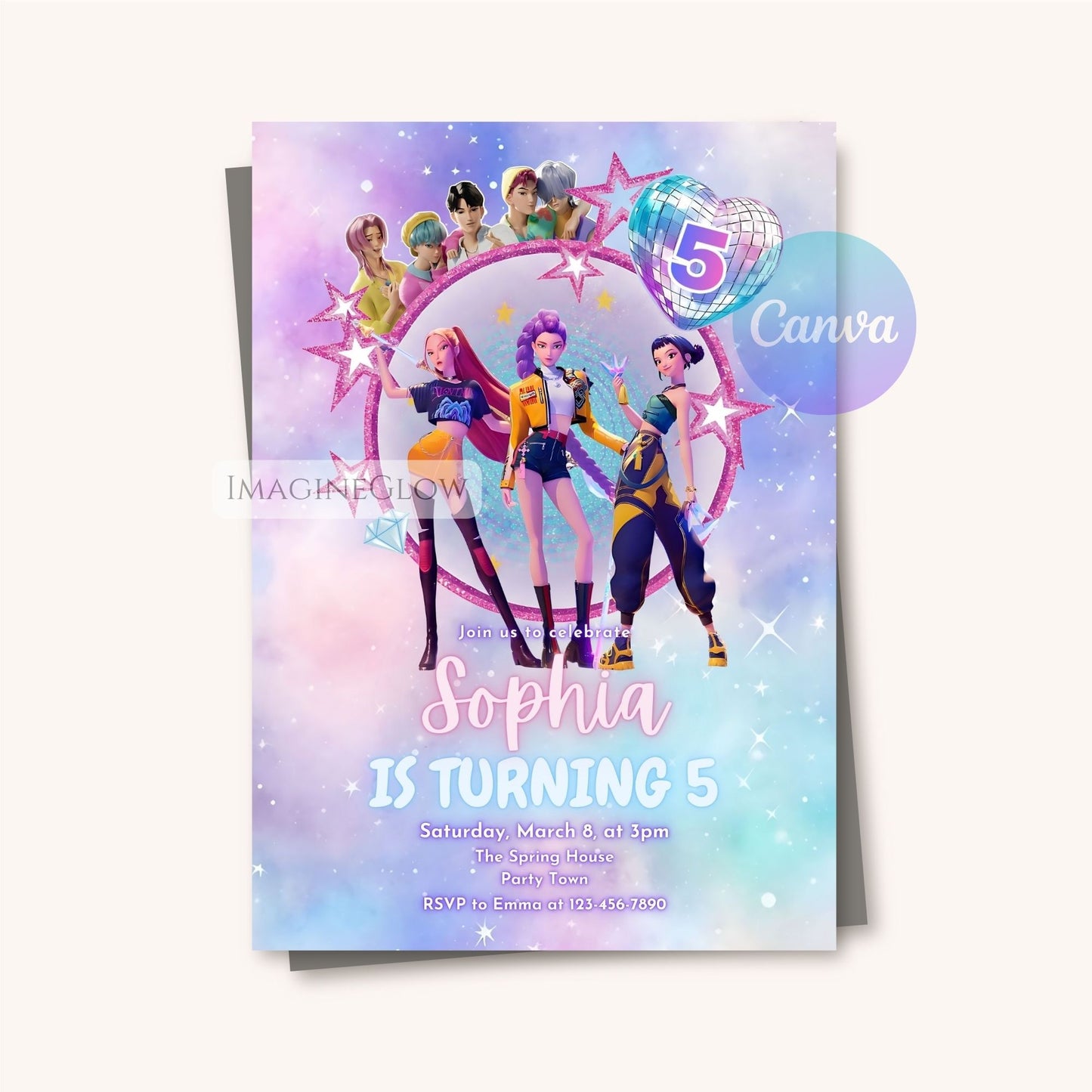 HUNTRIX anime girl birthday invitation for KPOP Demon Hunters party
