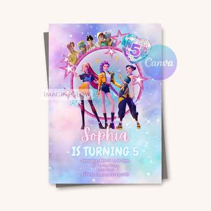 HUNTRIX anime girl birthday invitation for KPOP Demon Hunters party
