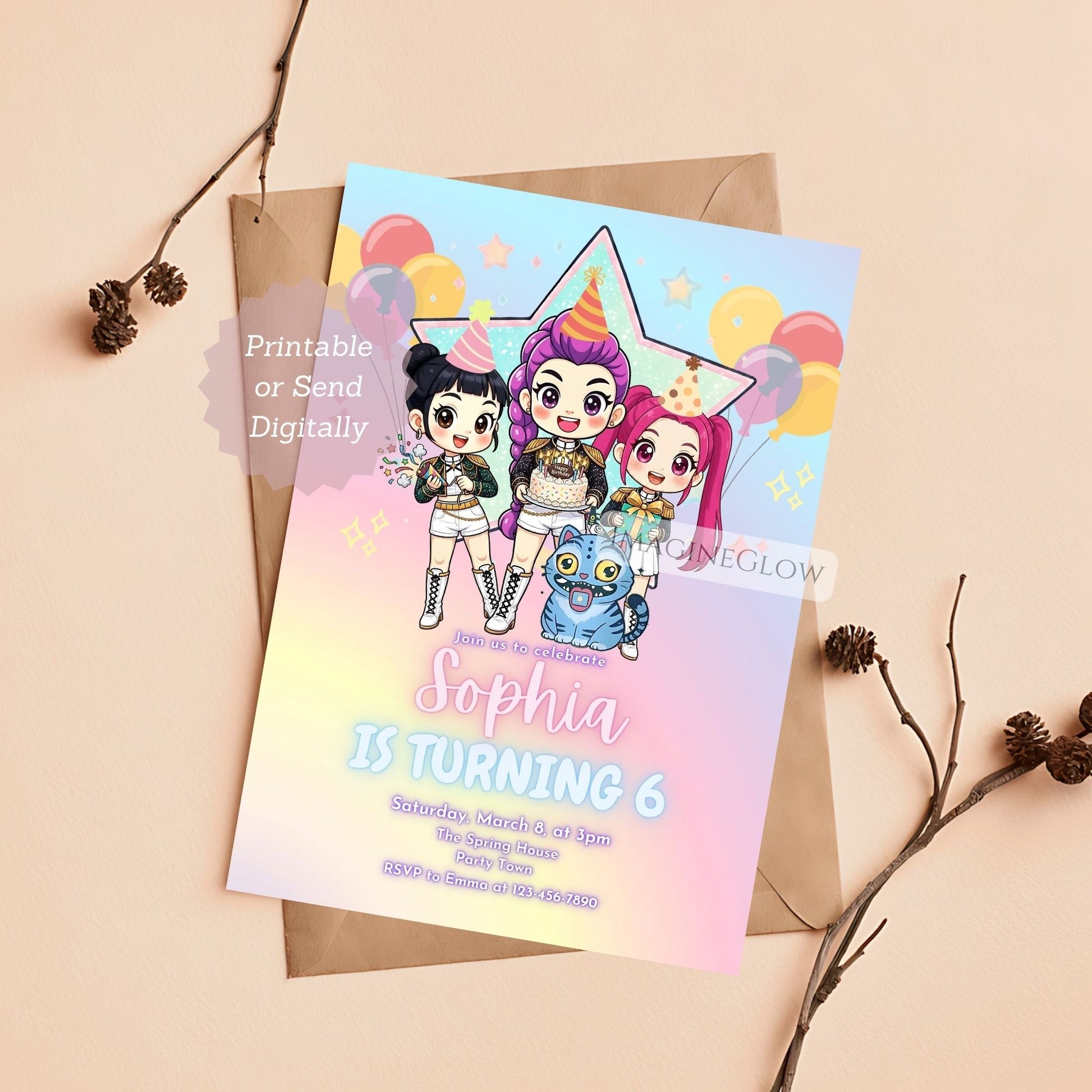 Colorful KPOP anime girl birthday invitation with demon hunter theme
