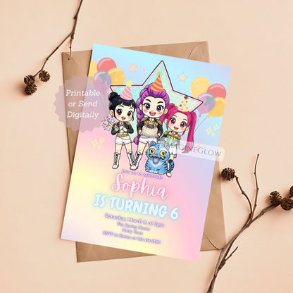 Colorful KPOP anime girl birthday invitation with demon hunter theme
