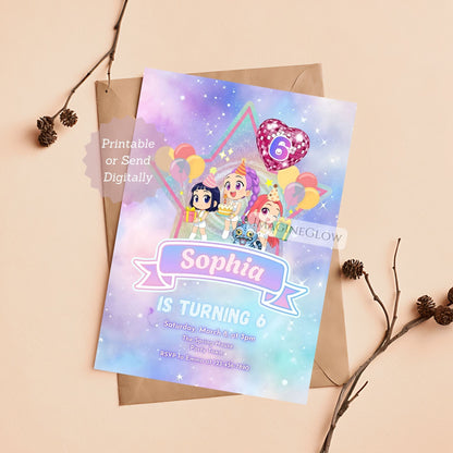 Colorful KPOP anime girl birthday invitation with demon hunter theme
