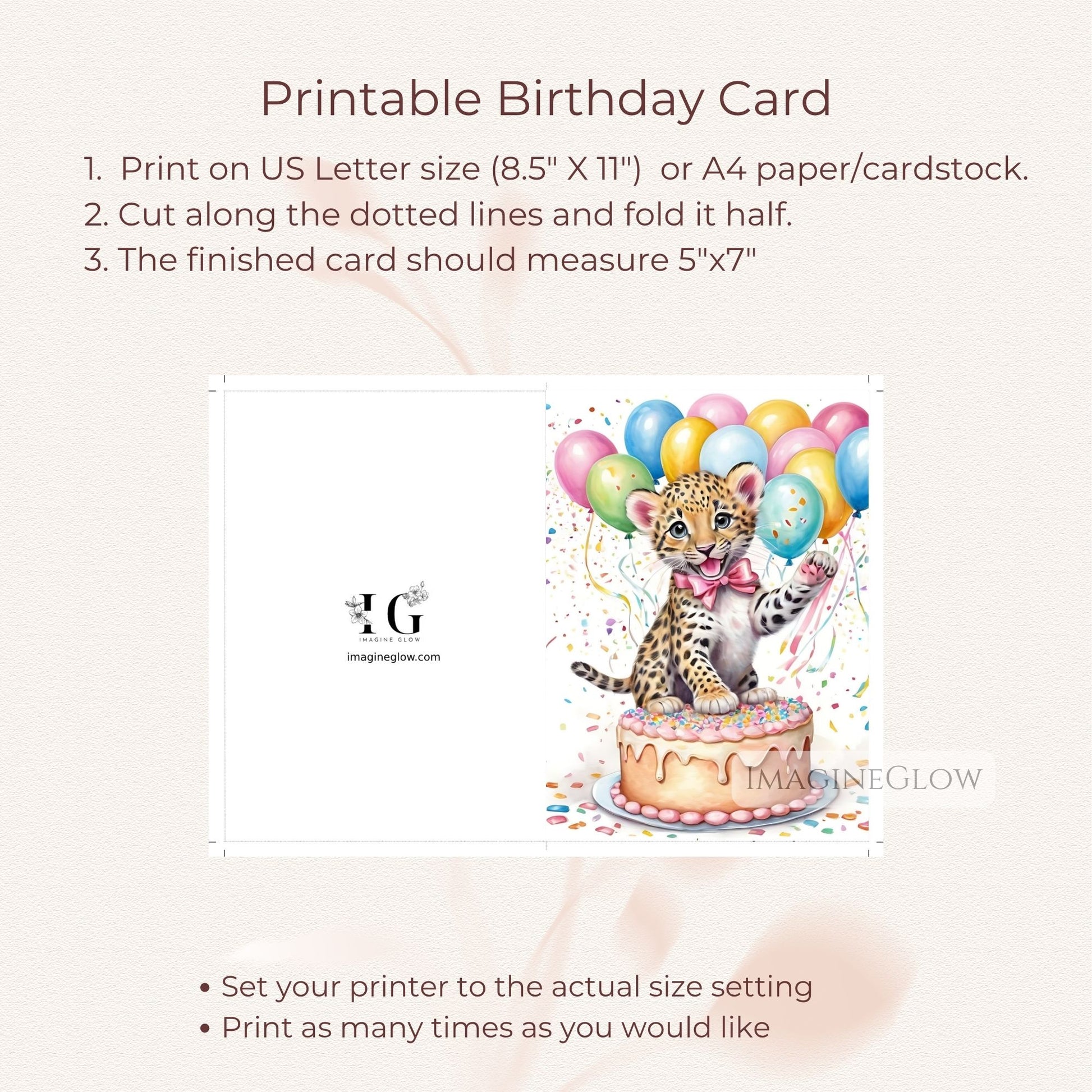 Safari animal birthday card for girls
Printable leopard greeting card
