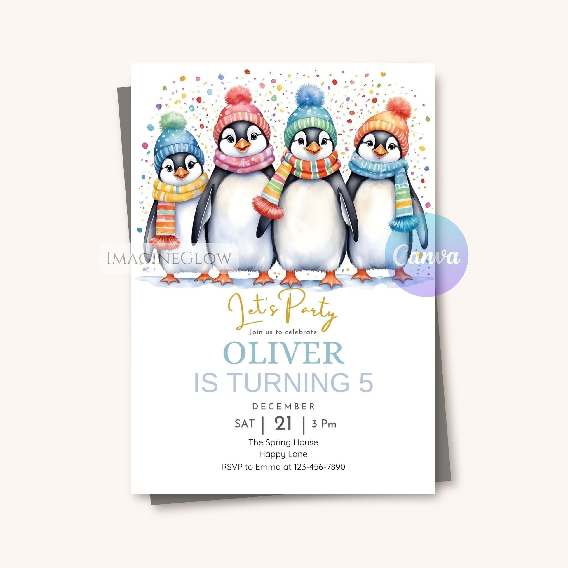 printable penguin kids birthday invitation template
