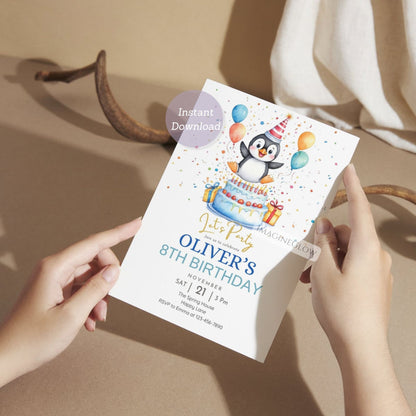 digital penguin birthday invitation printable
