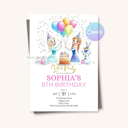Digital Frozen birthday invitation editable with Canva
