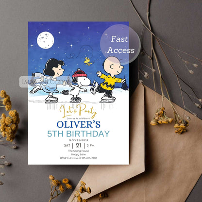digital snoopy ice skating party invite

