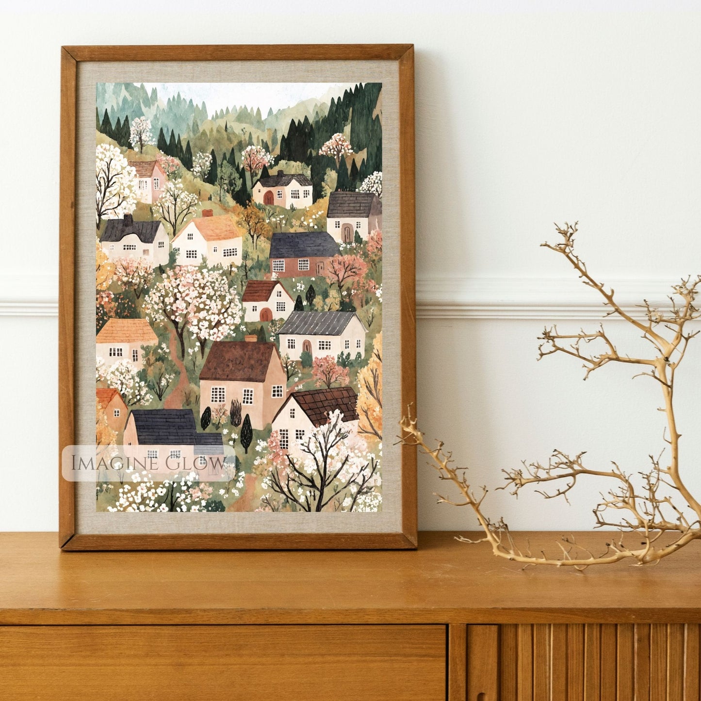 spring village illustration with blooming trees
