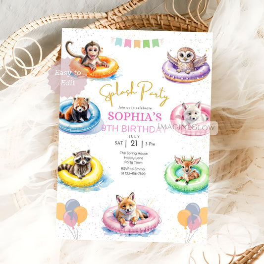 woodland animal pool party invitation
summer splash birthday invite
