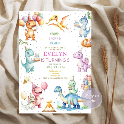 Dinosaur birthday invitation for kids editable template.
