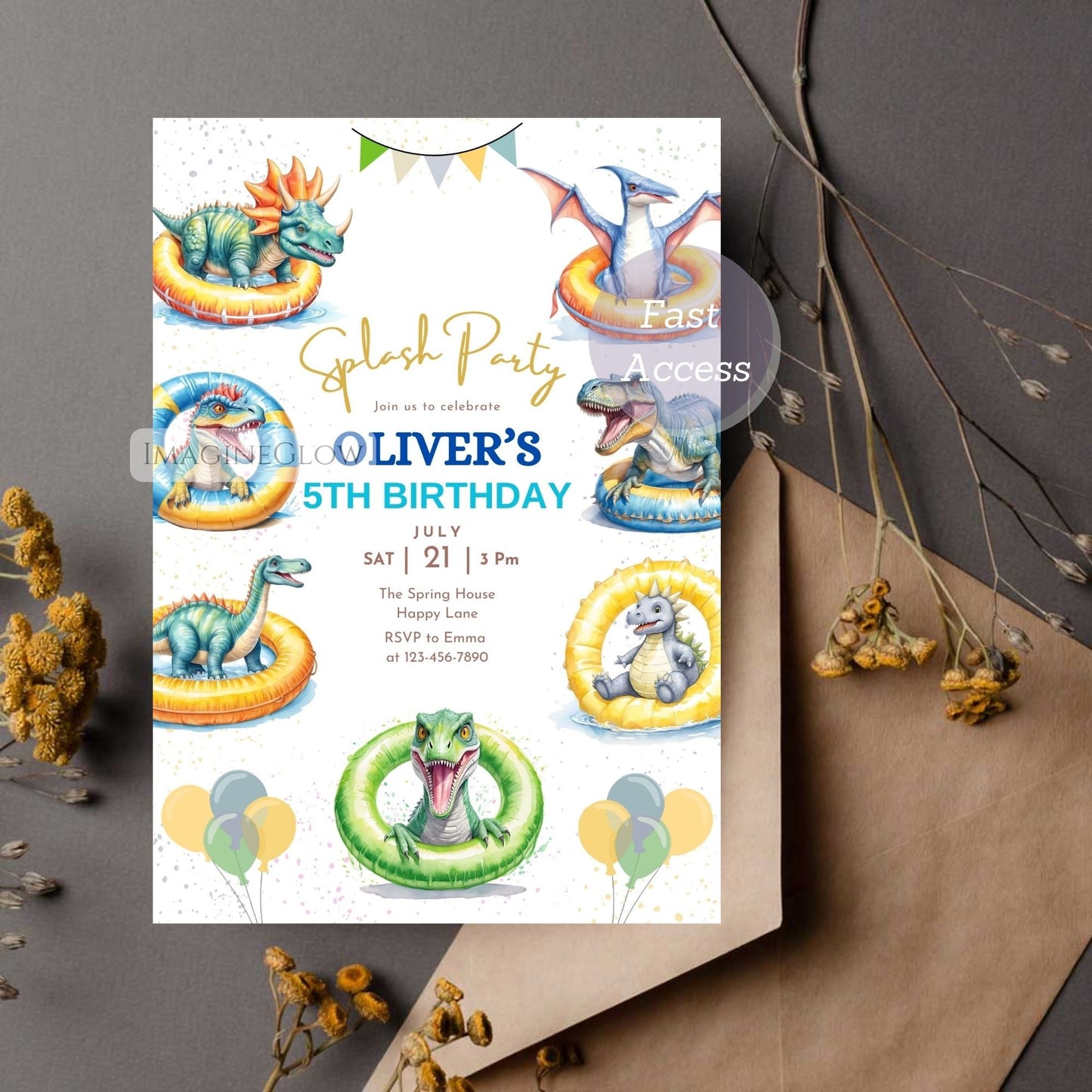 dino pool party birthday card
summer dinosaur party invitation

