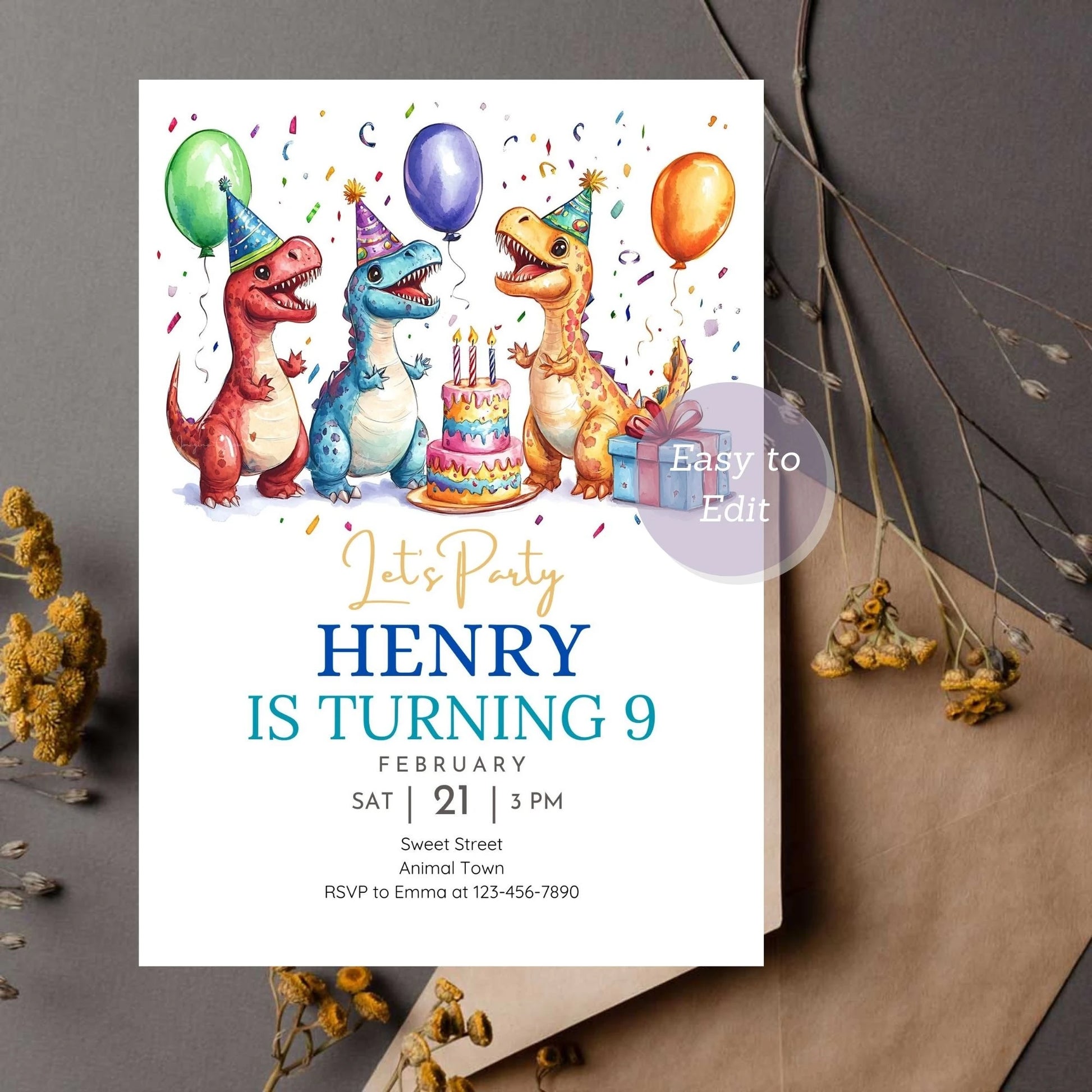 Customizable dinosaur birthday invitation for kids' party.
