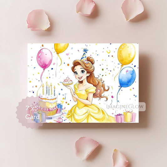 Birthday card with a princess design featuring balloons and a cake on a light pink background.