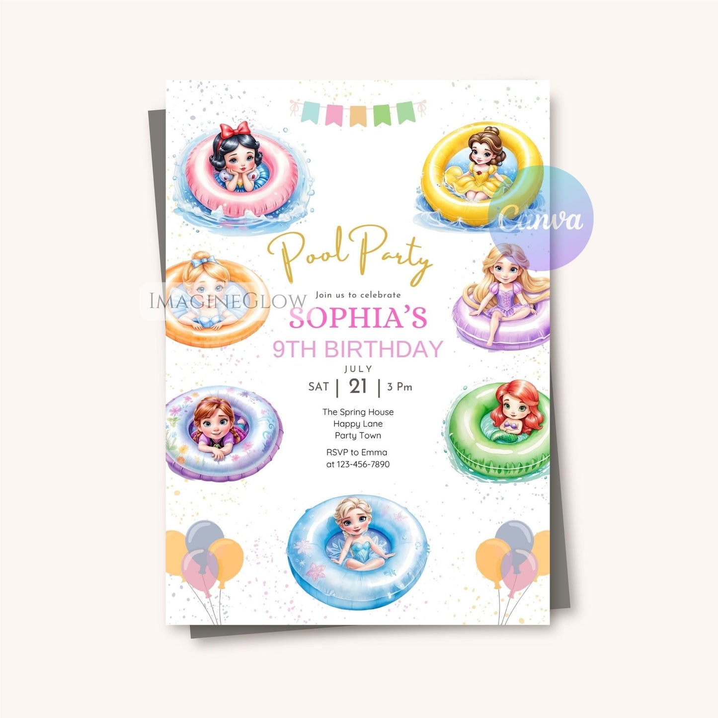 cute princess birthday pool invitation
