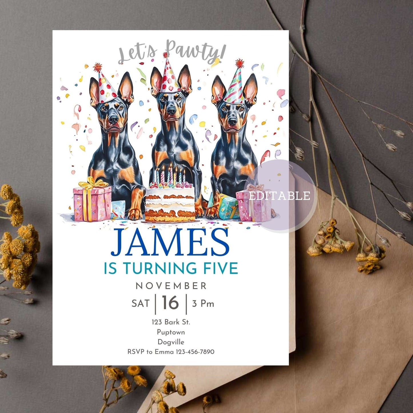 Editable Doberman-themed party invite for birthdays.

