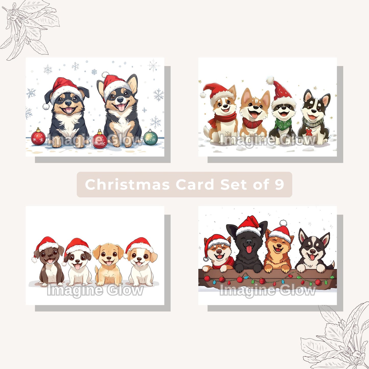 Set of 4 dog Christmas cards with festive holiday designs