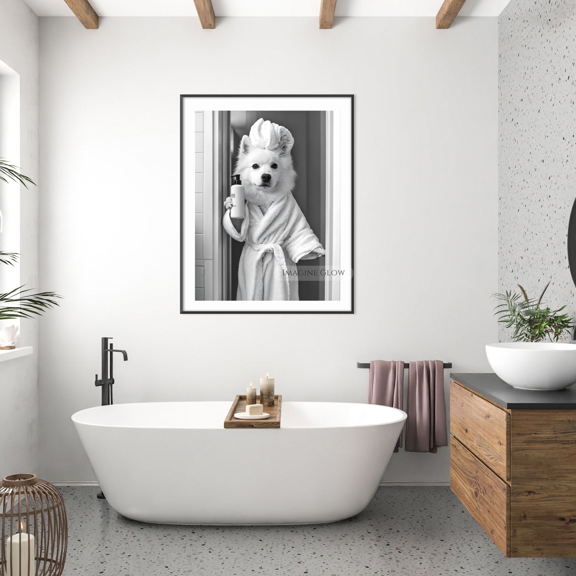 Black-and-white Samoyed wall art for bathrooms
