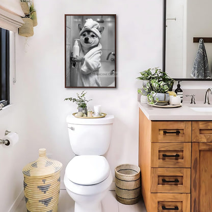 Monochrome Shiba Inu wall art for bathrooms
