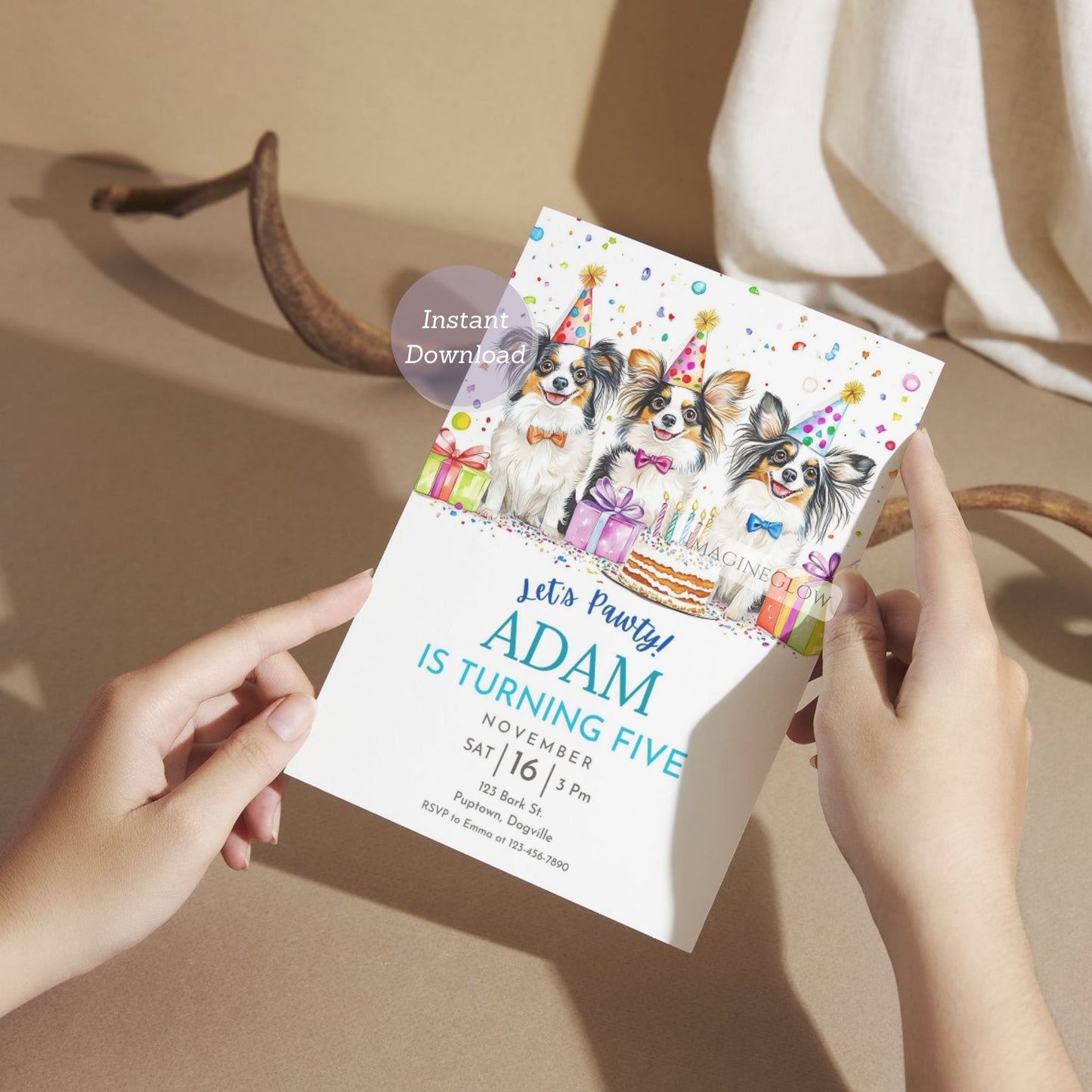 Collage of a birthday party invitation with colorful designs and text.