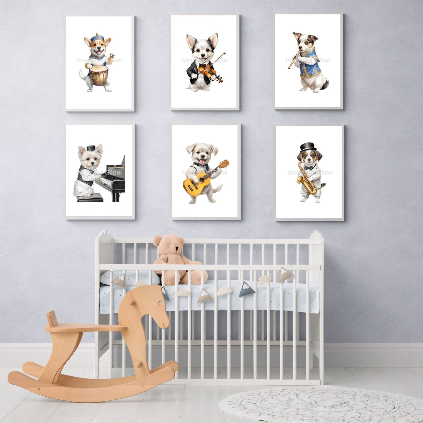 Dog nursery wall art featuring music theme for baby room