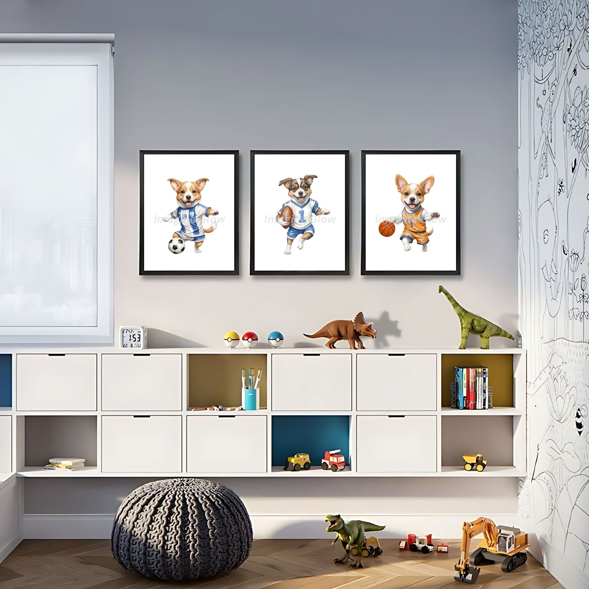 Dog nursery wall art with sporty theme for baby room