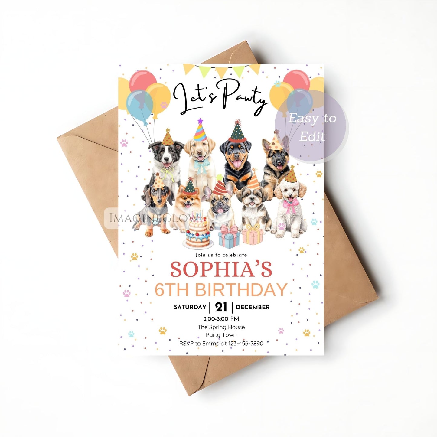 Birthday party invitation with dogs and balloons on a white background