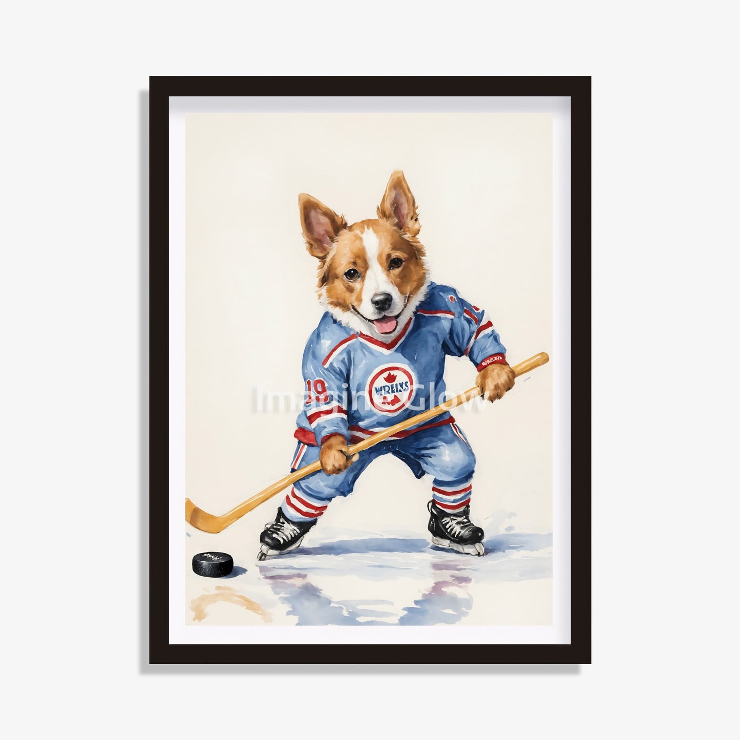 Ice hockey winter print featuring a dog playing ice hockey, perfect for dog lovers and sports fans.
Funny dog artwork of a dog playing ice hockey, ideal for nursery wall art or sports-themed rooms.