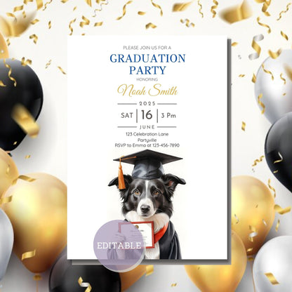 Printable dog graduation invitation template in Canva