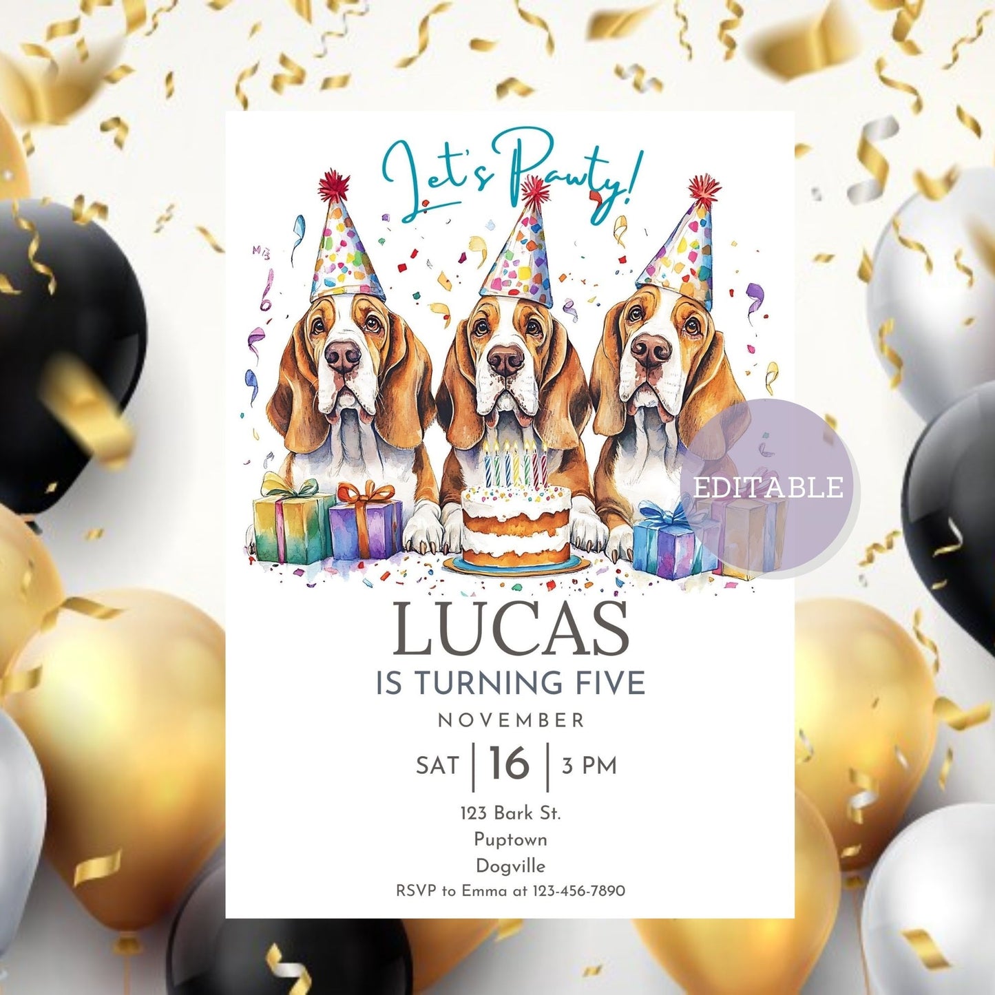 Printable dog-themed birthday invitation featuring a Basset Hound.
