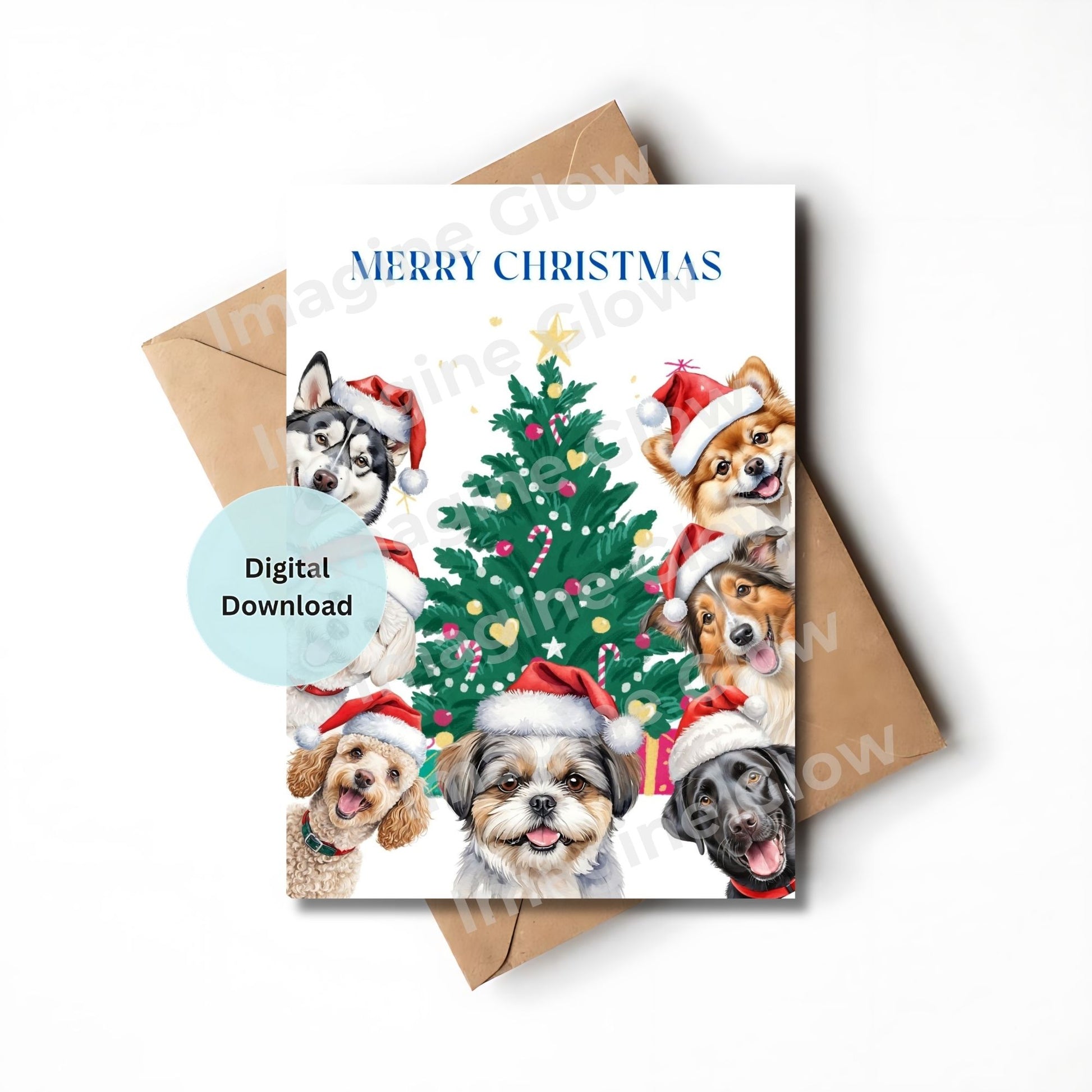 Printable holiday greeting card with Poodle, Collie, and Sheepdog