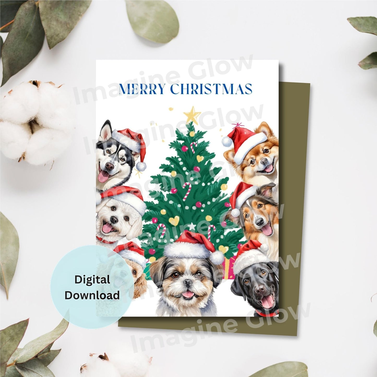 Dogs Christmas card featuring Labrador Retriever, Shih Tzu, and Pomeranian for winter holiday