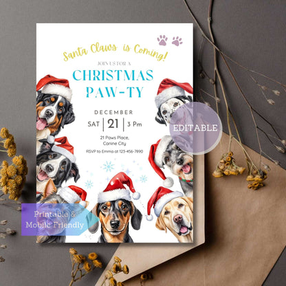 Dogs Pawty Christmas invitation template with Labrador Retriever and Dachshund