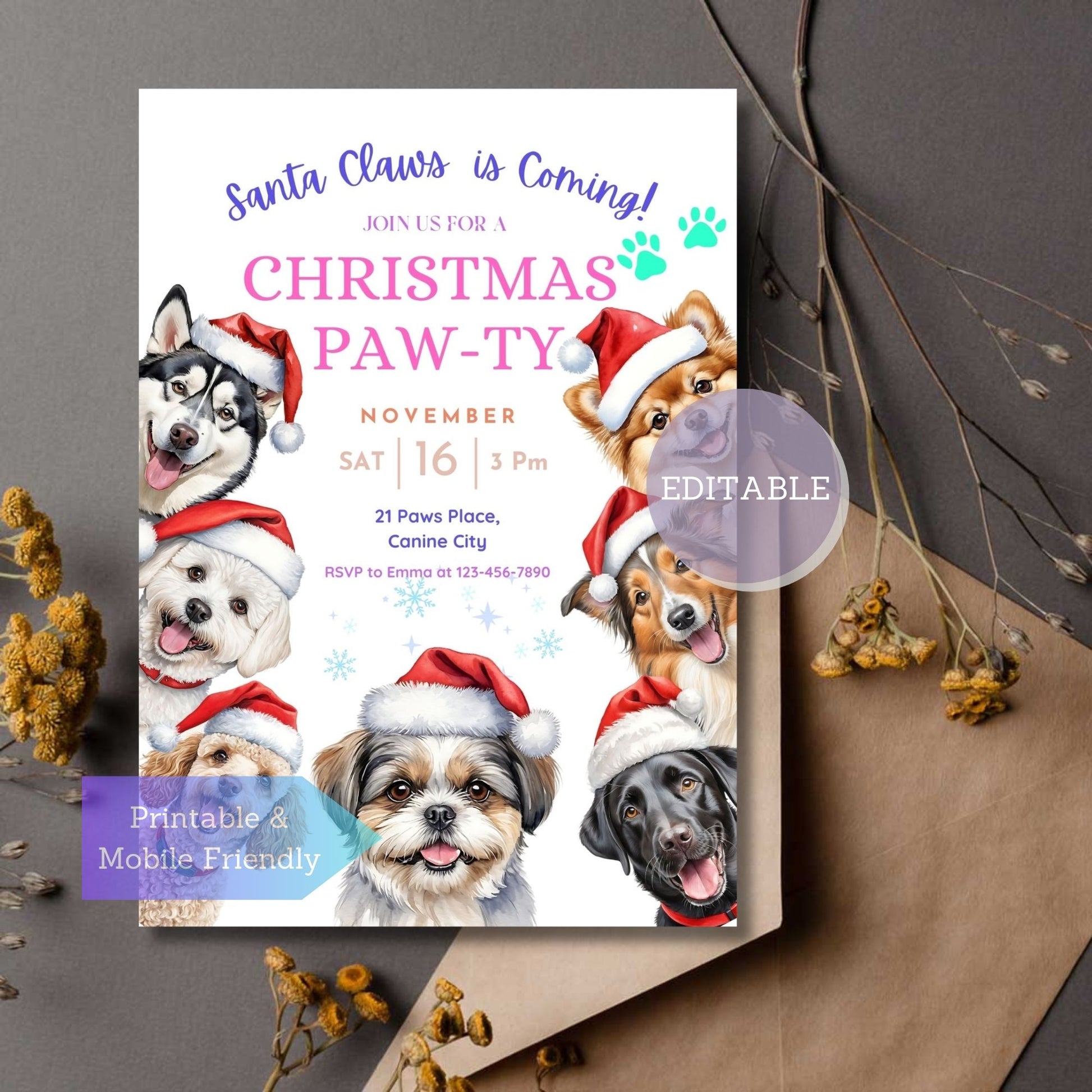 Dogs Pawty Christmas invitation featuring Labrador Retriever, Shih Tzu, and Pomeranian