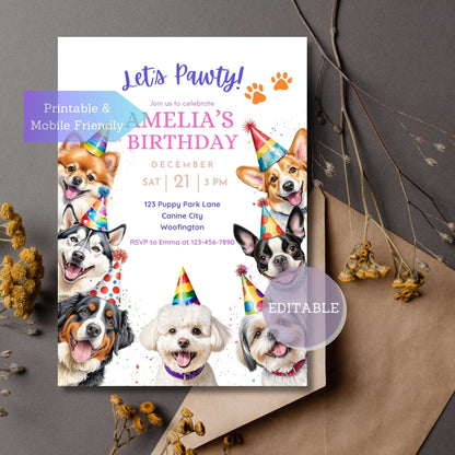 Editable birthday invitation with Bernese Mountain Dog and Corgi for kids or adults