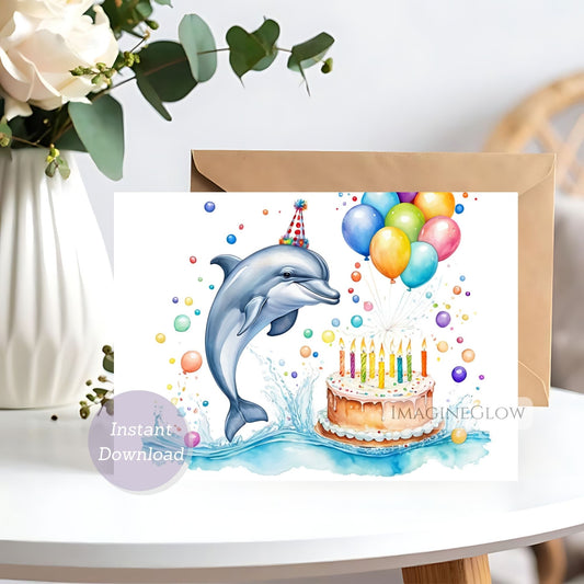 Birthday card with a dolphin and cake illustration, featuring balloons and candles