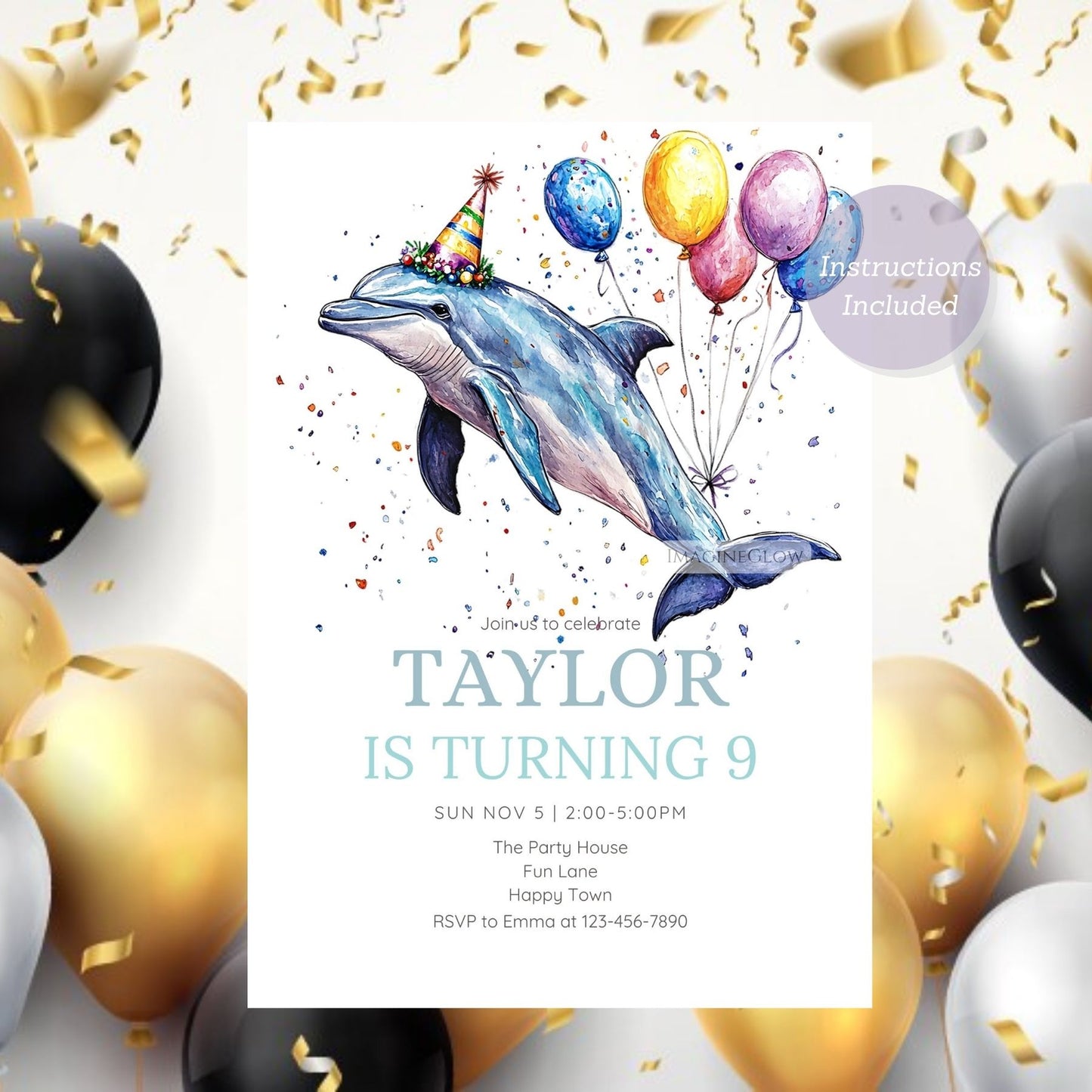 Cute dolphin-themed birthday invite for children
