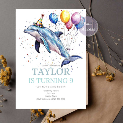 Customizable dolphin birthday invite with balloons
