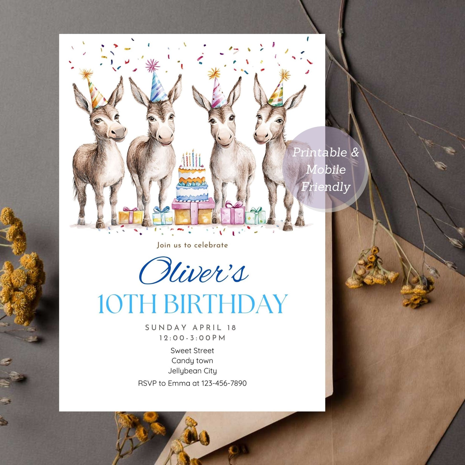 Donkey birthday invitation with farmyard theme for kids' party.
