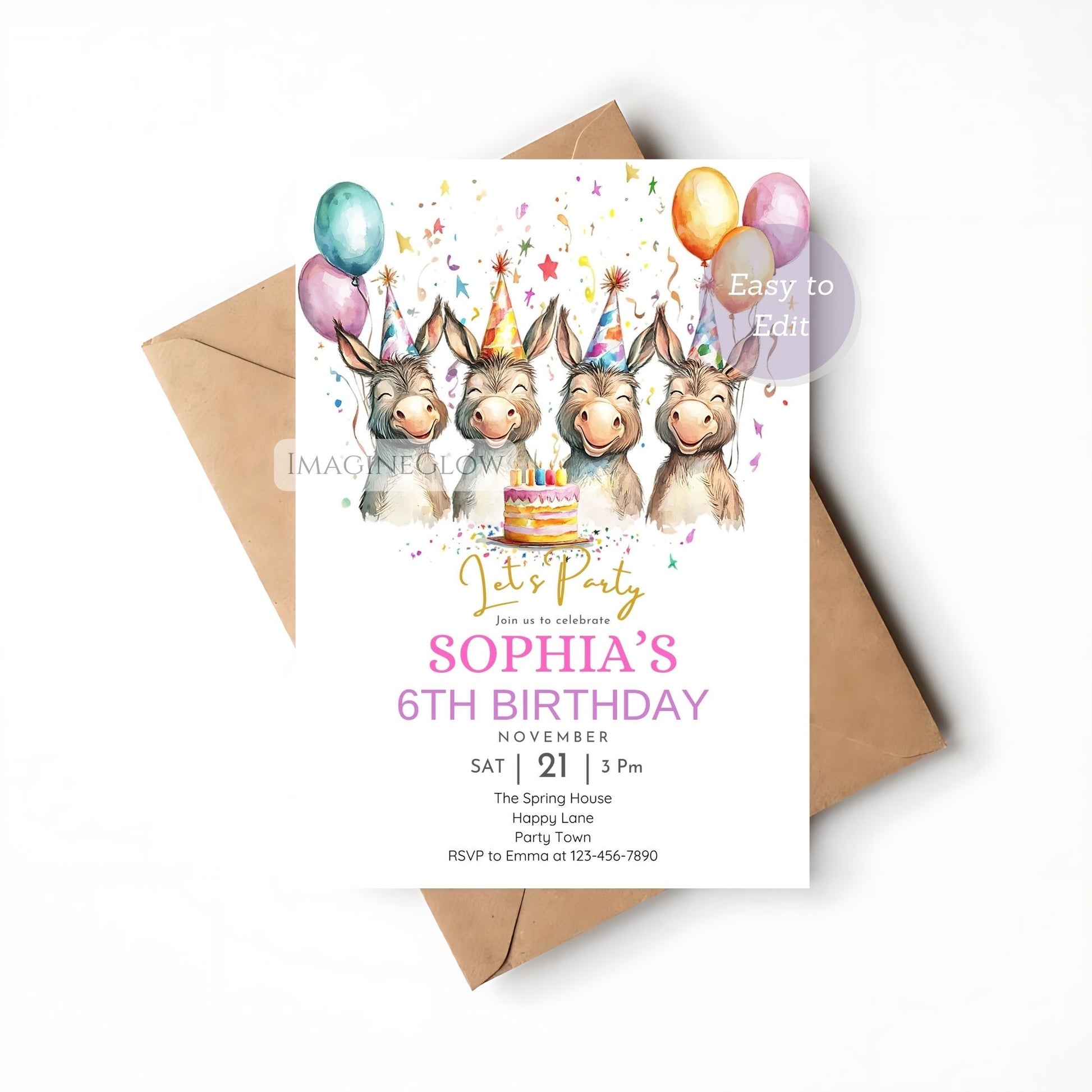 Farm party invite with cute donkey
Printable donkey card with floral design
