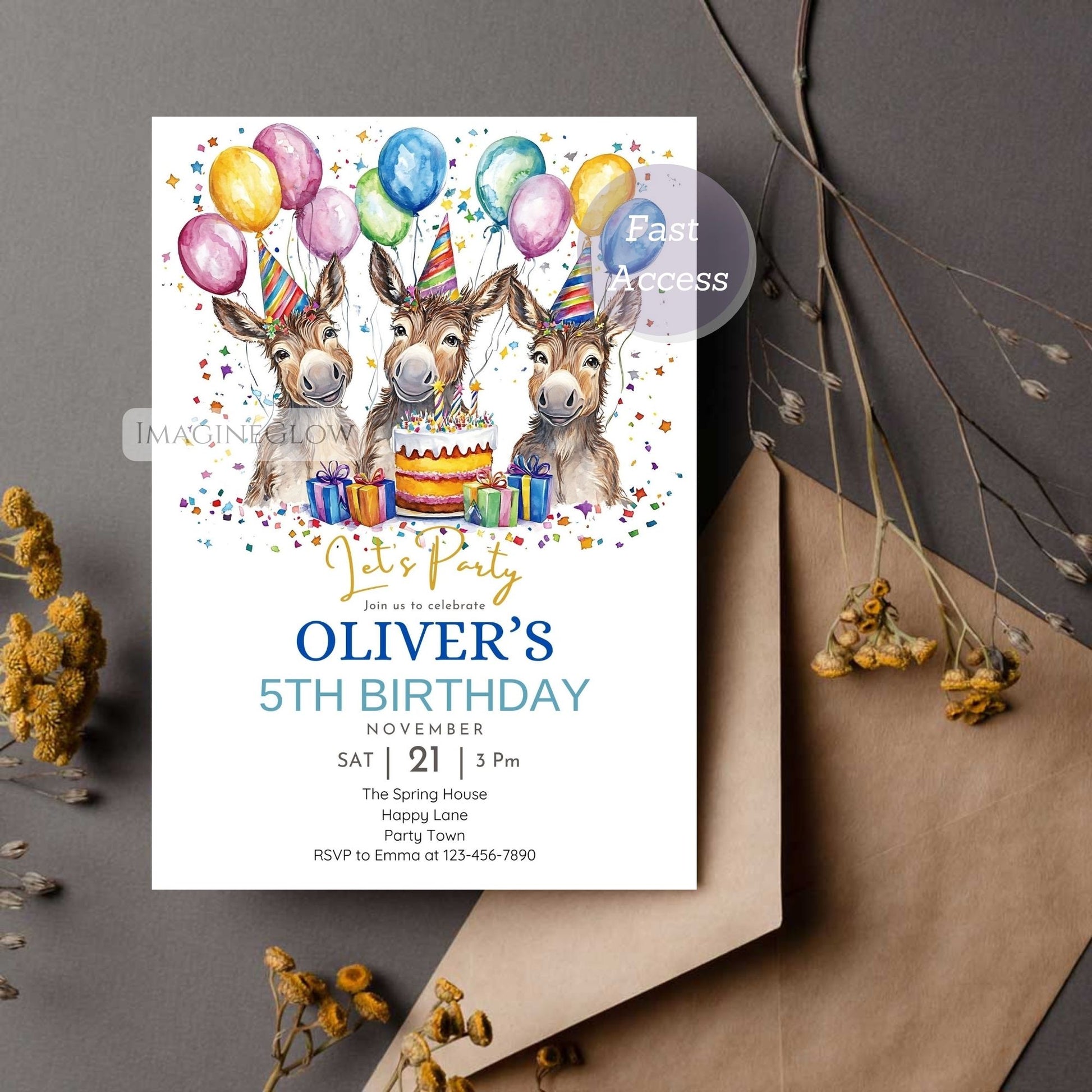Donkey birthday invitation for kids
Farm animal party invite with donkey
